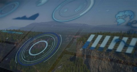 Digital Interface Overlaying Forest and Mountain Landscape