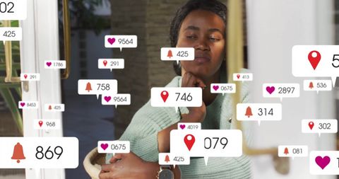 Contemplative Woman Amidst Dynamic Social Media Notifications