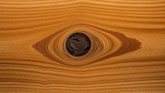 Centered Wood Knot Showing Concentric Grain Rings on Amber Polished Timber Surface