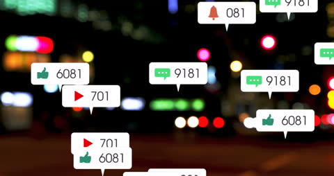 Digital Social Media Notifications Over City Lights