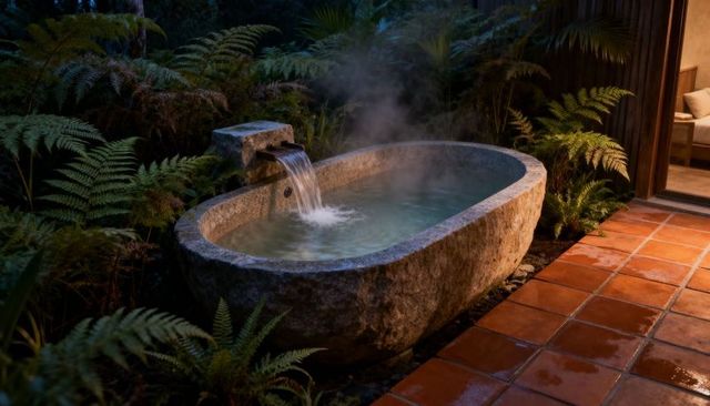 Steaming stone bathtub carved from boulder on terracotta patio with lush ferns at dusk spa