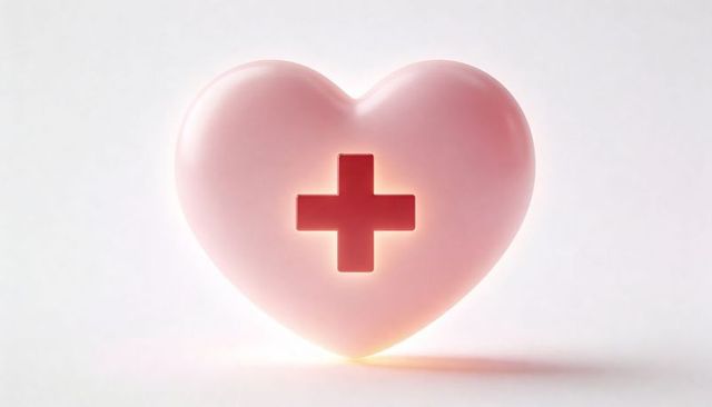 Glossy pink heart with recessed red cross glowing from within for medical branding