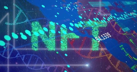 Digital nft concept with data visualizations on blue background