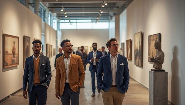 Three professionals walking through contemporary gallery wearing blazers and glasses