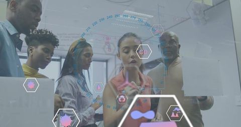 Diverse team brainstorming on glass board with digital data overlays and ux visualizations