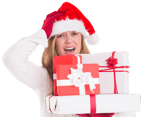Festive Woman Holding Christmas Gifts in Santa Hat Transparent Background