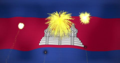 Fireworks celebration over cambodia flag with night sky background