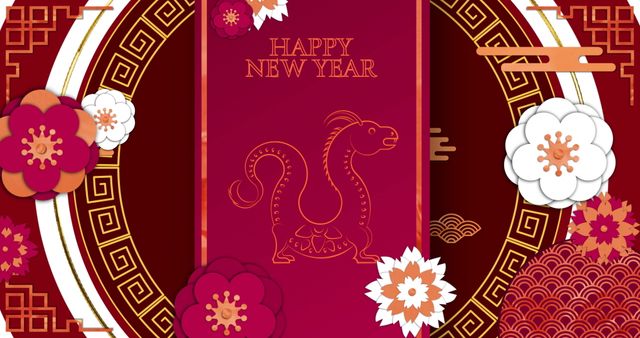 Chinese New Year Celebration with Dragon and Floral Design on Red Background - Download Free Stock Images Pikwizard.com