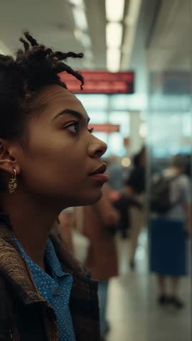 Vertical video panning to woman checking LED board as commuters flow through transit concourse