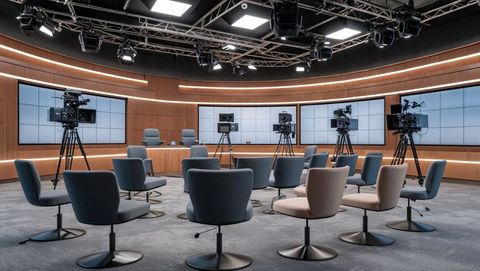 Broadcast studio with cameras and led wall displays