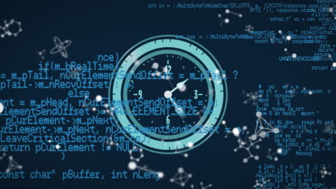 Animated Clock Overlaying Data Processing in Futuristic Display