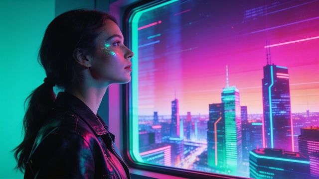 Neon gaze young woman gazing at cyberpunk skyline from tram window