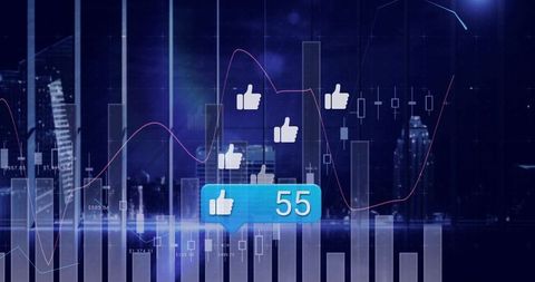 Digital thumbs-up in data-driven futuristic cityscape