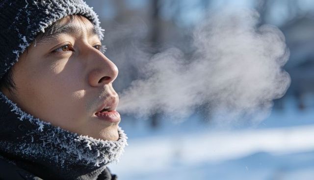 Breathing asian man wearing frosted beanie and scarf, exhaling vapor in snowy park morning