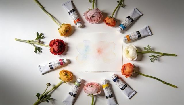 Radial watercolor composition with paint tubes and ranunculus flowers on clean white surface