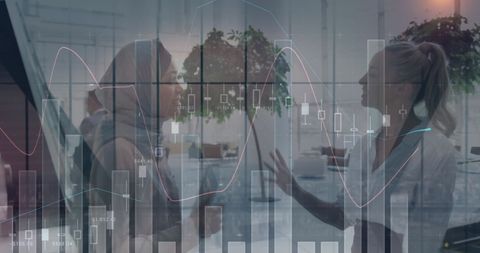 Businesswomen Discussing Data with Infographic Overlay