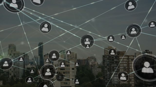 Visual represents concept of digital connections in urban environments. Useful for illustrating themes of modern technology, communication networks, and smart city infrastructure development. Ideal for presentations or materials related to information technology, telecommunications, and urban planning.