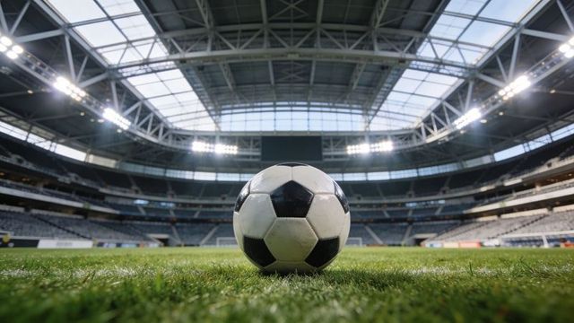 Classic black-and-white soccer ball resting on lush green pitch in modern stadium interior