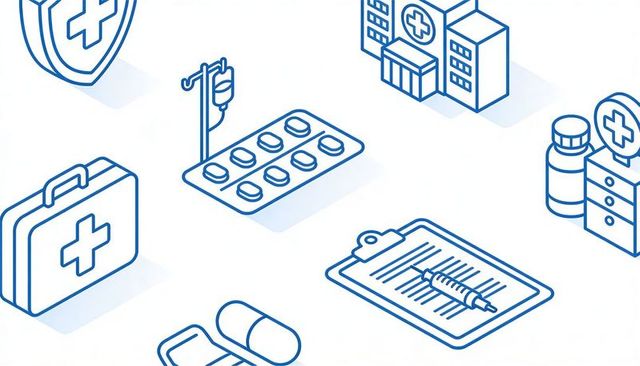 Isometric healthcare icon set featuring clipboard with syringe, blister pack, iv drip and medical ki