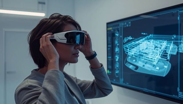 Female engineer adjusting ar headset while reviewing 3d cad model on monitor in futuristic lab