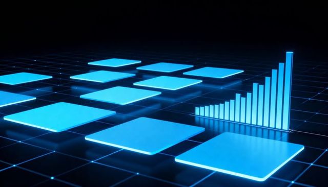 Neon Holographic Interface Showing Hovering Cyan Tiles with Rising 3D Data Bars Analytics