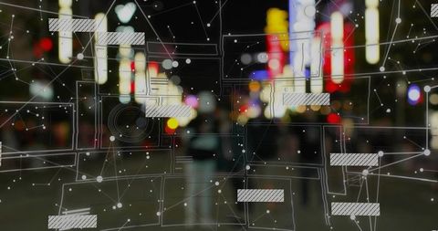 Blurry city nightlife with digital connectivity concept overlay