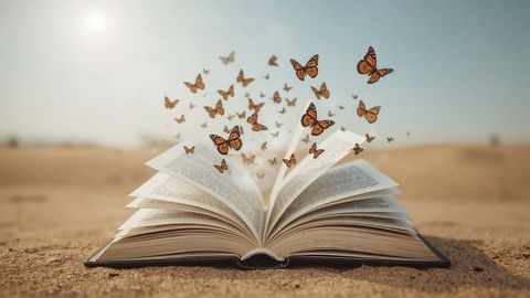 Open Book with Monarch Butterflies in Desert Scene