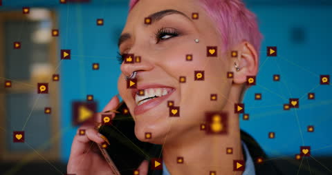 Smiling Woman Engaging Through Phone with Digital Icons