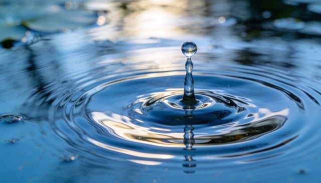 Water droplet rising with concentric ripples macro reflection in blue and golden light