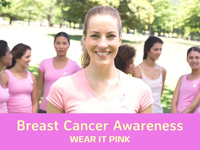 Women wearing pink shirts standing together outdoors, smiling and showing support for breast cancer awareness. Can be used for health campaigns, charity events, community gatherings, promotional materials for awareness initiatives, or advertisements for breast cancer awareness. Highlights the theme of solidarity, health, and advocacy in a friendly and approachable way.
