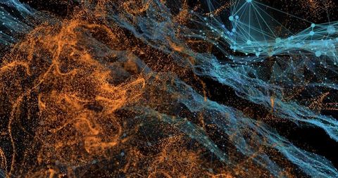 Animating interleaving particle network with orange filaments, blue mesh and glowing nodes