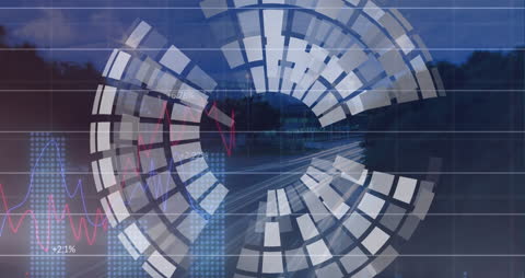 Digitally Synthesized Globe with Financial Graphs over Night Scene