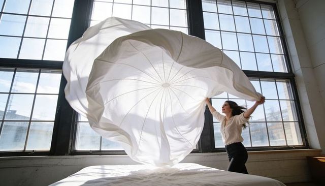 Woman tossing billowing white sheet in sunlit industrial loft with grid windows