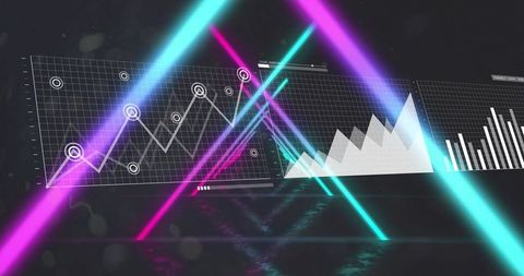 Displaying neon data dashboard featuring futuristic hud charts, laser beams, reflections