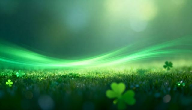 Glistening clover meadow with flowing green light ribbon