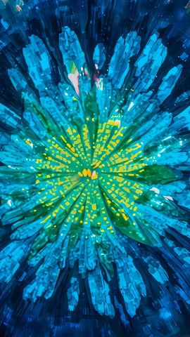 Vertical Kaleidoscope Video Pulsing Neon Radial Zoom Revealing Central Floral Grid