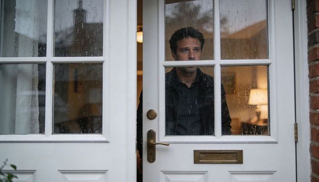 Man peering through rain-speckled glass door with brass handle and warm interior glow