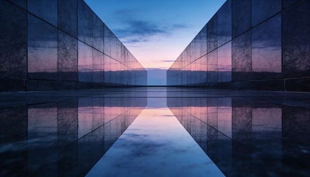 Minimalist symmetric reflective corridor at sunrise with veined granite walls, mirror pool