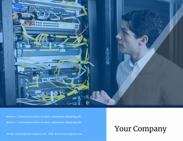 Image features male IT technician inspecting server hardware in a data center. Suitable for use in IT service promotions, technical support websites, and technology business branding materials.