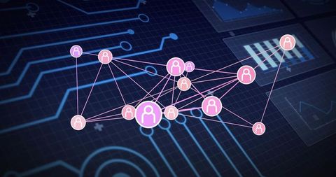 Digital social network map showing interconnected user nodes and data analytics interface