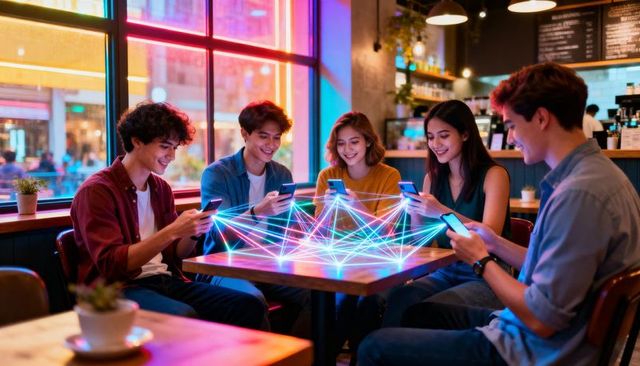 Friends connecting over smartphones projecting neon holographic network in urban cafe
