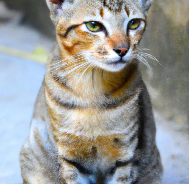 Wild African jungle cat standing outdoors with distinctive dark orange and brown stripes and green eyes looking alert. Suitable for content related to wildlife, animal behavior, exotic pets, and nature photography.