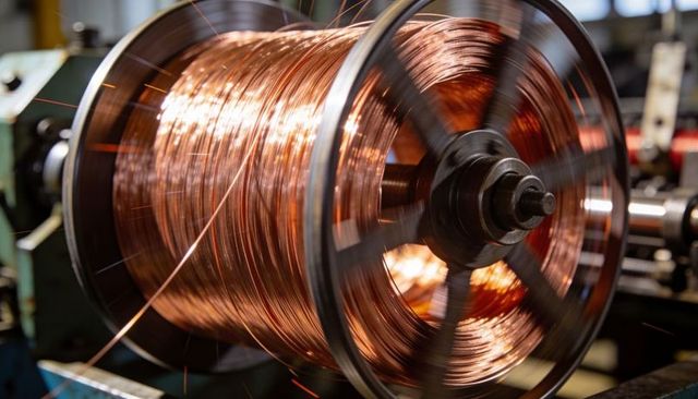 Spinning copper wire reel on industrial winding machine, shining coil production close-up