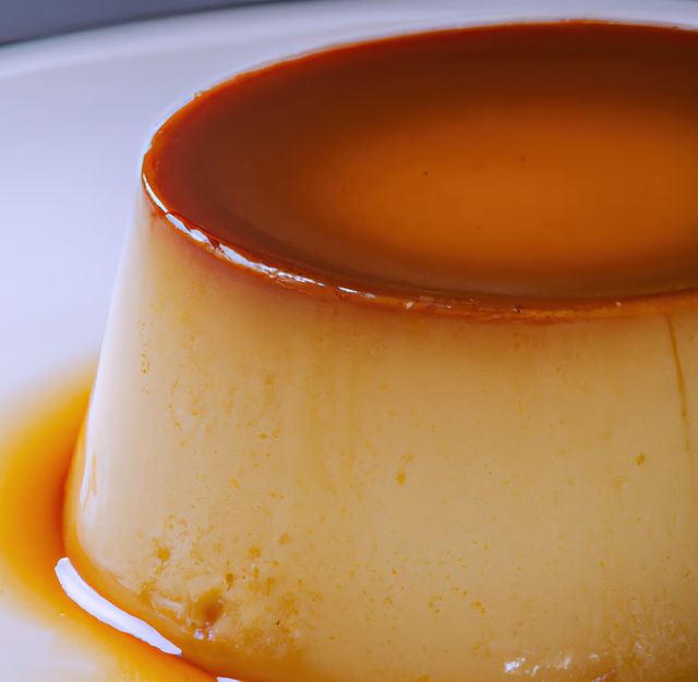 Image features a close-up view of a beautifully plated caramel flan. The dessert has a rich golden caramel pooling around the base and a smooth, creamy custard texture. Perfect for promoting recipes, food blogs, culinary articles, restaurant menus, and social media posts celebrating desserts.
