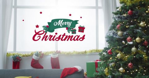 Festive Christmas Living Room with Decorated Tree and Stockings