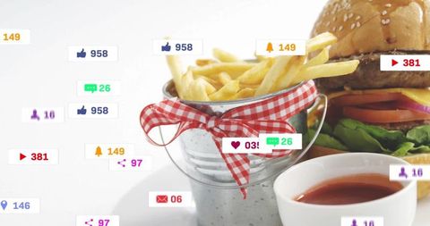 Gourmet burger and fries with social media interactions icons