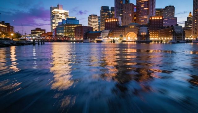 Twilight harbor skyline reflecting on rippling water with arched terminal and bridge