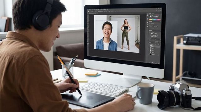Designer Editing Portraits on Desktop Using Drawing Tablet and Headphones for Retouching