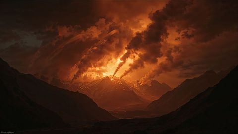 Volcanic eruption with airstrikes smoke plumes at dusk