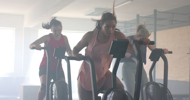 Diverse women exercising on air bikes in sunny crossfit studio. Lifestyle, healthy lifestyle, exercise and fitness, unaltered.
